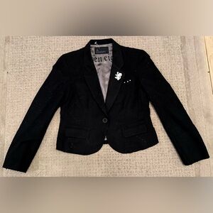 SevenEighty Black Wool Blazer Jacket M Medium Cropped Graphic Back Lined punk